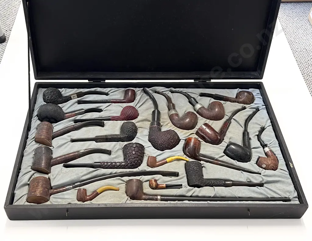 22 Assorted Vintage Pipes in Case Image 1++