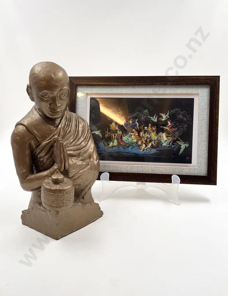 Sculpture of Tibetan Monk and Prayer Wheel together with Japanese Print on Lacquered Panel Image 1++