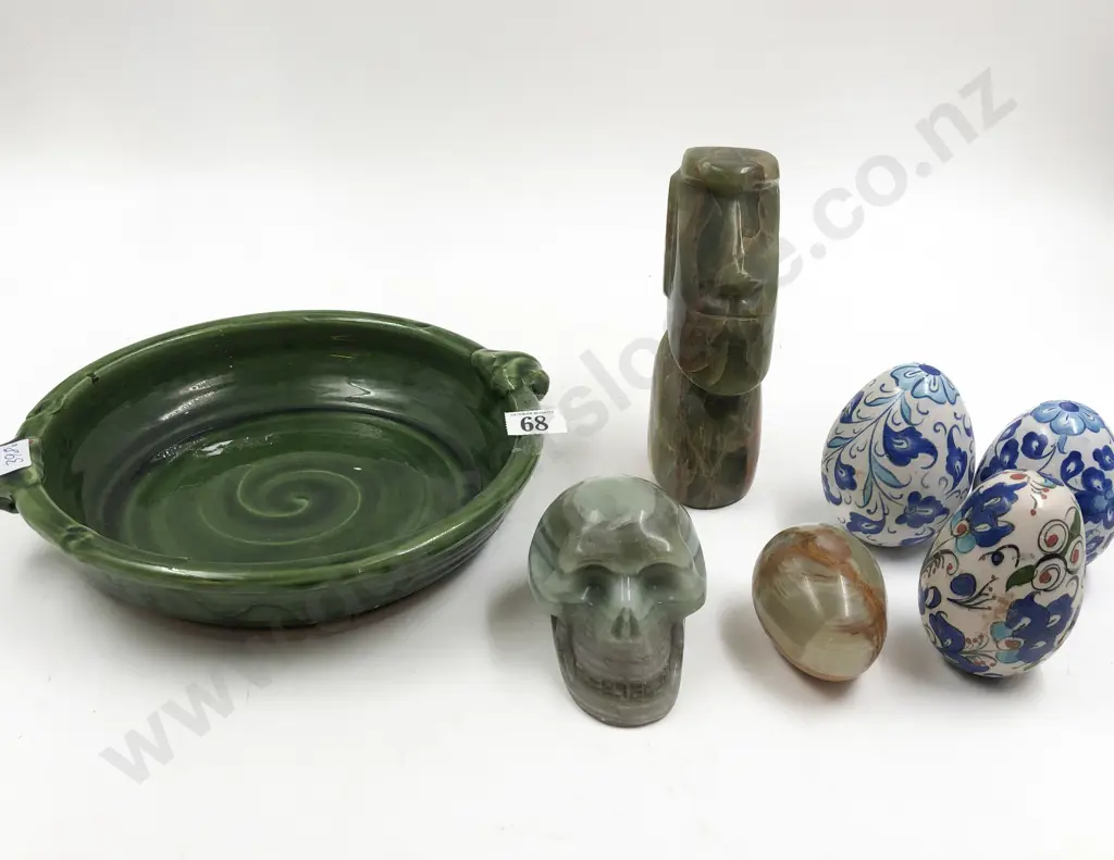 Three Assorted Hard Stoned Ornaments together with Ceramic Eggs Etc. Image 1++