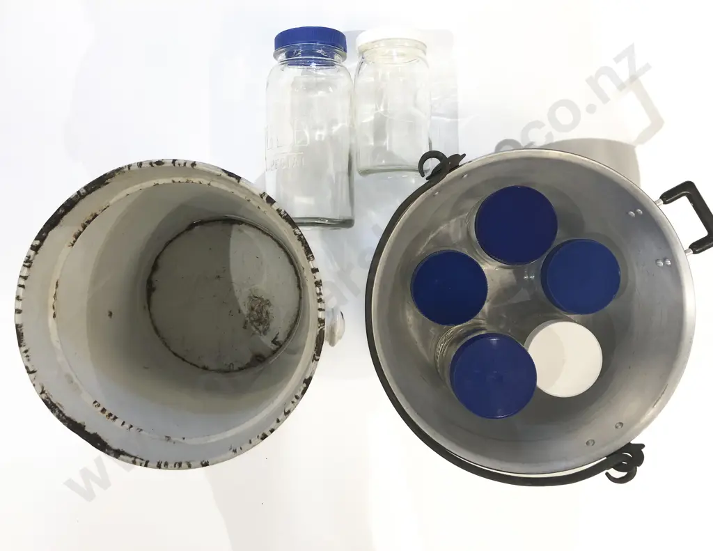 Enamel Bucket Together with Jam Pan and Assorted Agee Storage Jars Image 1++