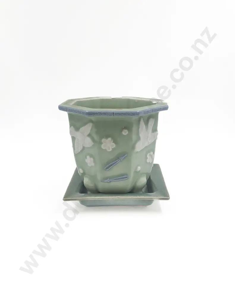 Celedon Glazed Small Planter and Associated Tray Image 1++