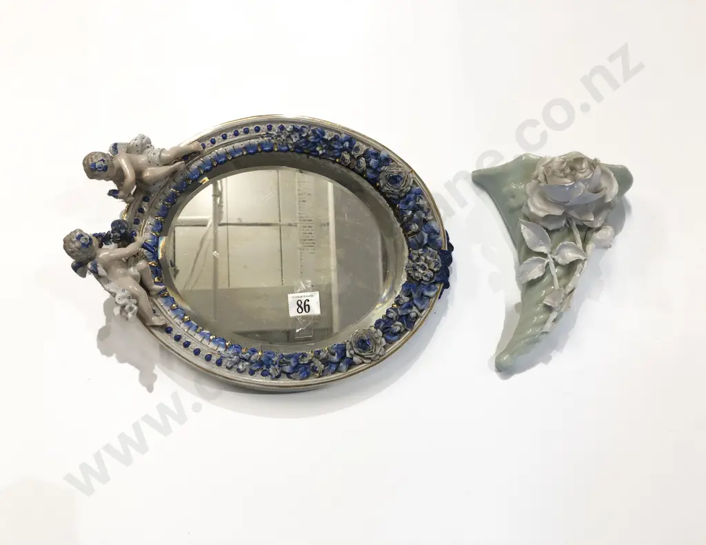 Floral and Figural Fancy China Wall Mirror Together with Floral Decorated Wall Pocket Image 1++