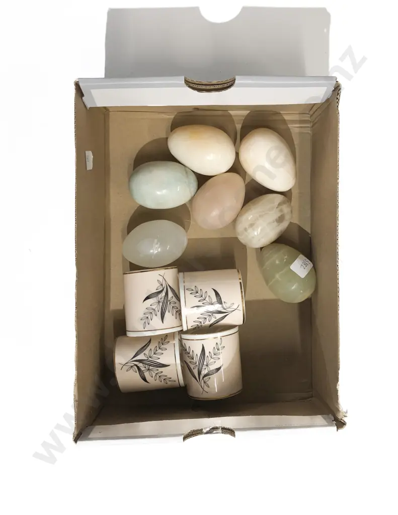 Qty of Hardstone Egg Ornaments and Fancy China Coffee Cans Image 1++