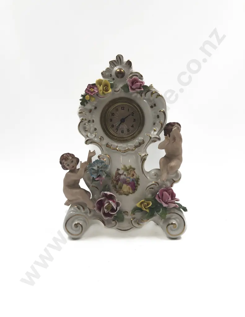 German Fancy China Floral and Figural Clock Image 1++