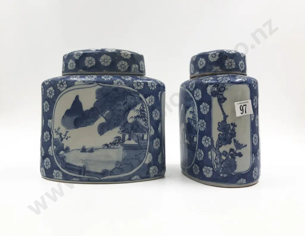Pair of Chinese Blue and White Oval Ginger Jars Image 1++