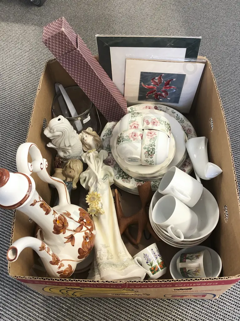 Box of Assorted China and Ornaments incl Royal Dux Cat Ornament Image 1++