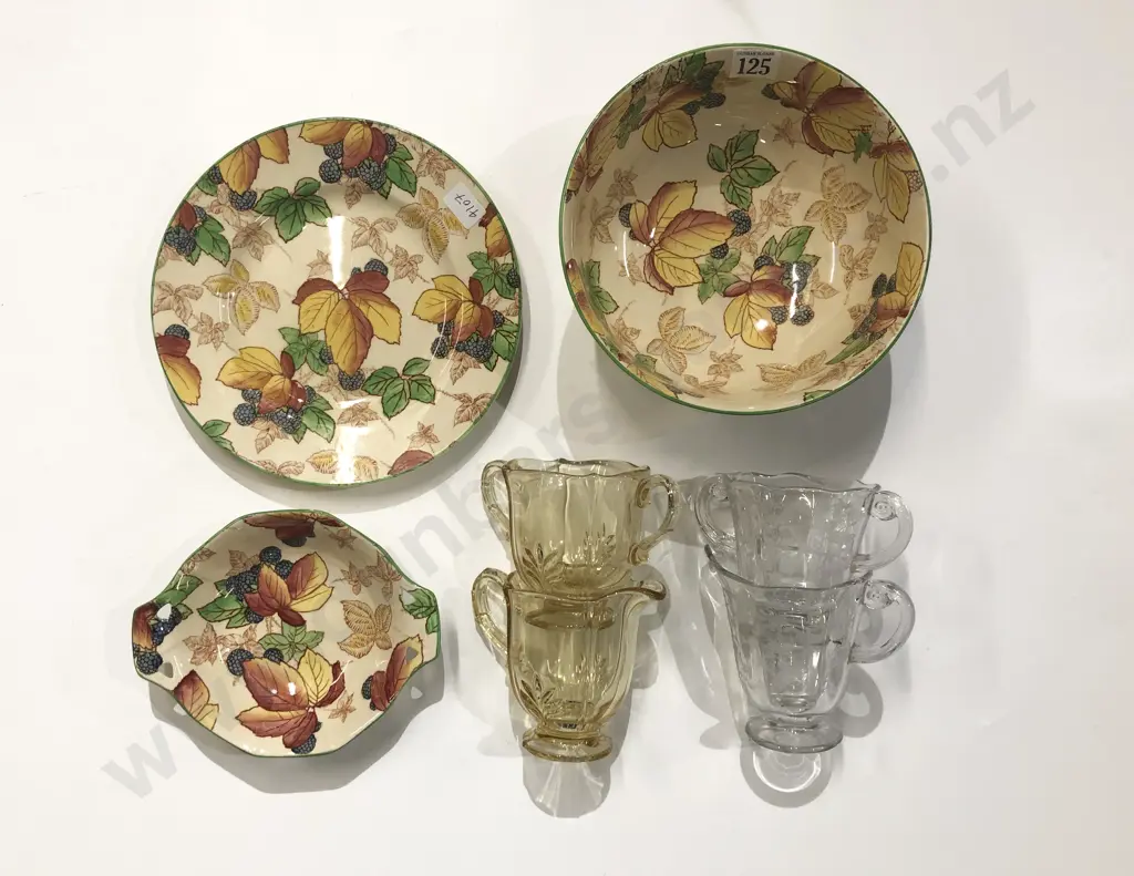 Three Pieces of RD "Blackberry" Pattern China together with Assorted Pressed Glassware Image 1++