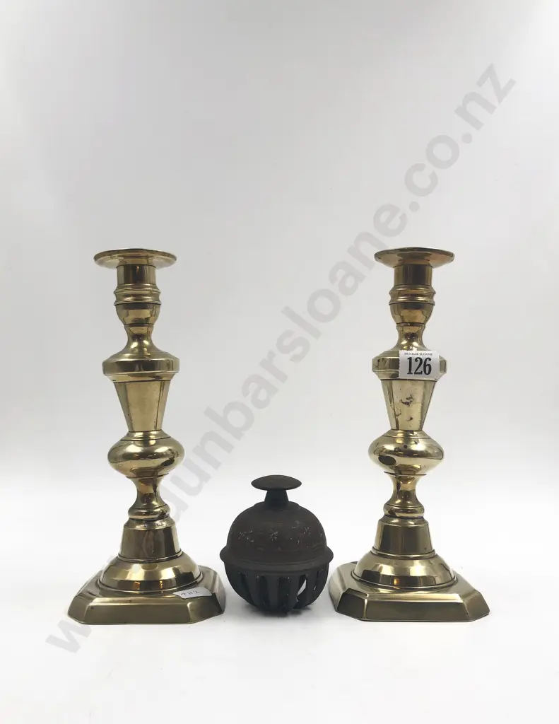Pair of Brass Candlesticks Together with Meditation Bell Image 1++