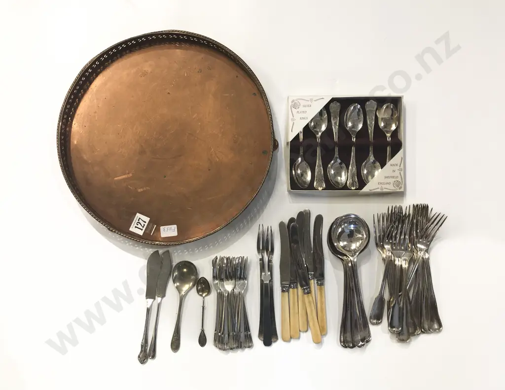 Qty of Assorted Cutlery on Circular Copper Gallery Tray Image 1++