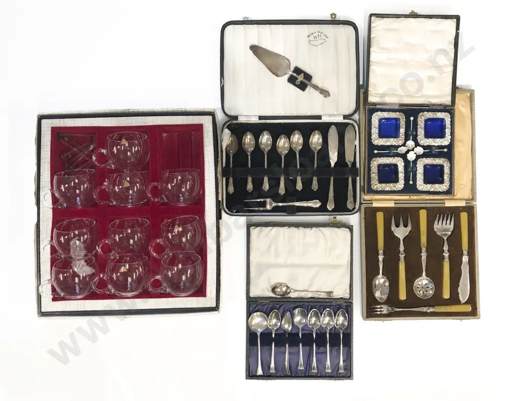 Qty of Assorted Boxed Cutlery Etc. Together with Glass Punch Cups Etc. Image 1++