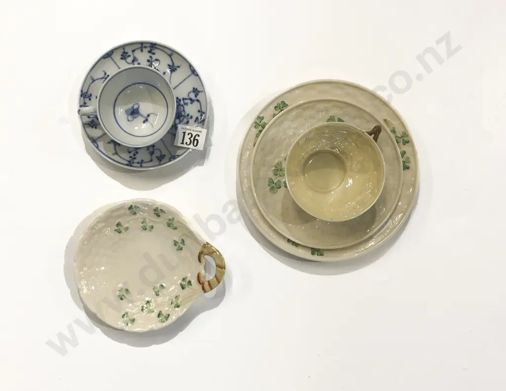 Belleek Fancy China Trio with Dish together with Small Blue and White Cup and Saucer Image 1++