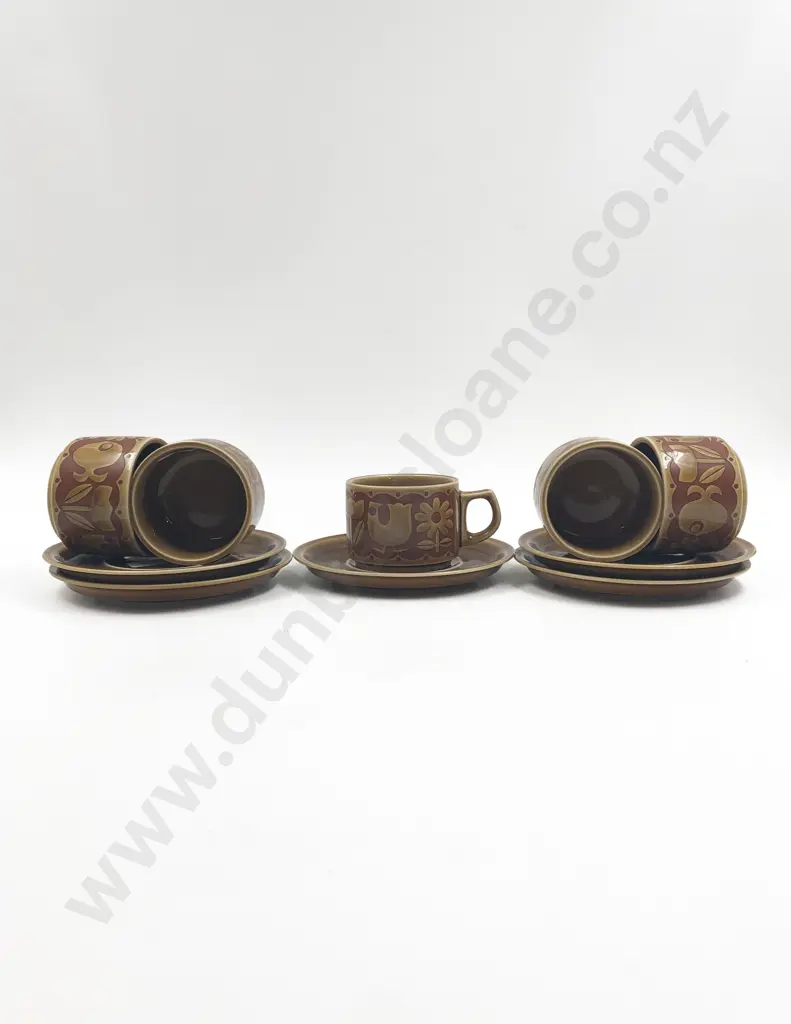 Set of Five Mid Century Stoneware Coffee Cups and Saucers Image 1++