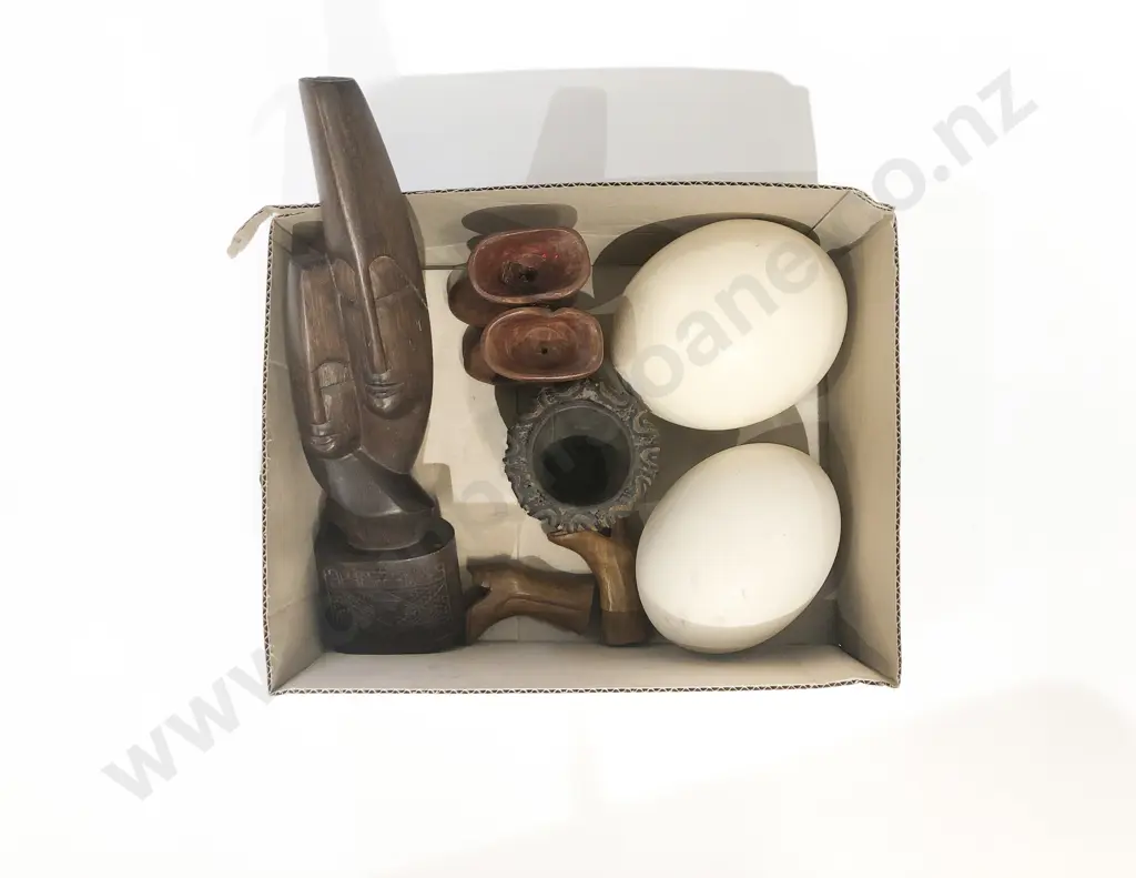 Qty Assorted Woodware together with Two Ostrich Eggs Image 1++