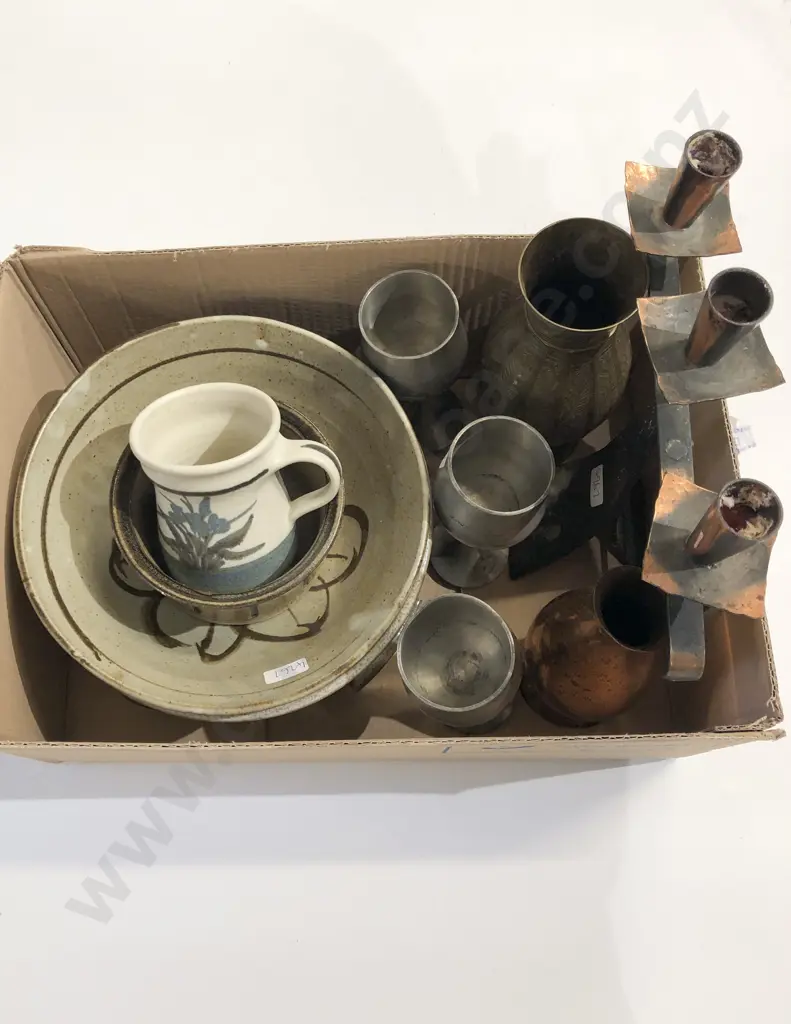 Box Qty of Assorted Metal Ware and Pottery Image 1++