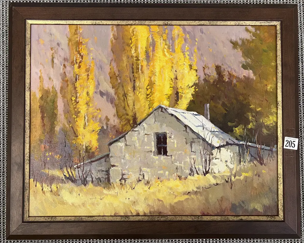Attributed Brian Halliday "Stone Hut Arrowtown" Oil on Board Image 1++