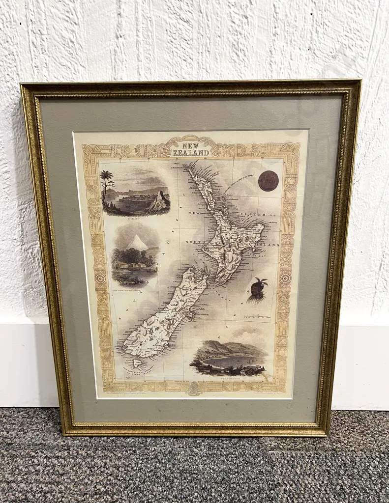 Framed Vintage Bookplate of Pictorial NZ Map Image 1++