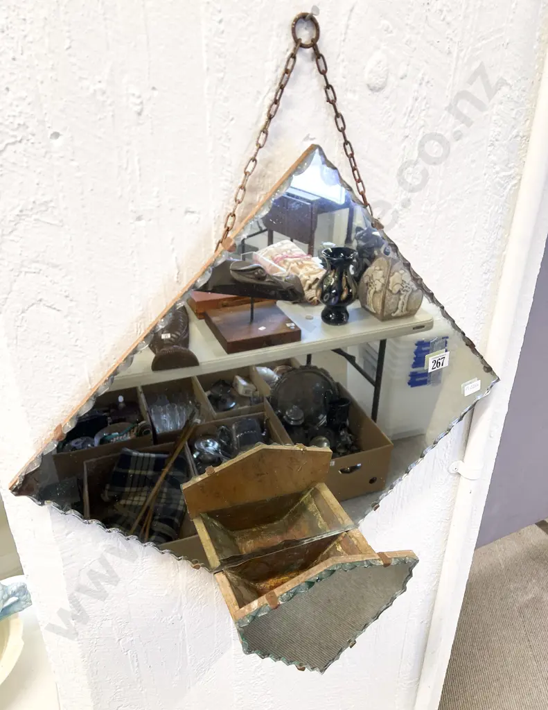 Art Deco Scalloped Edged Wall Mirror with Mirrored Flower Tray to Lower Segment Image 1++
