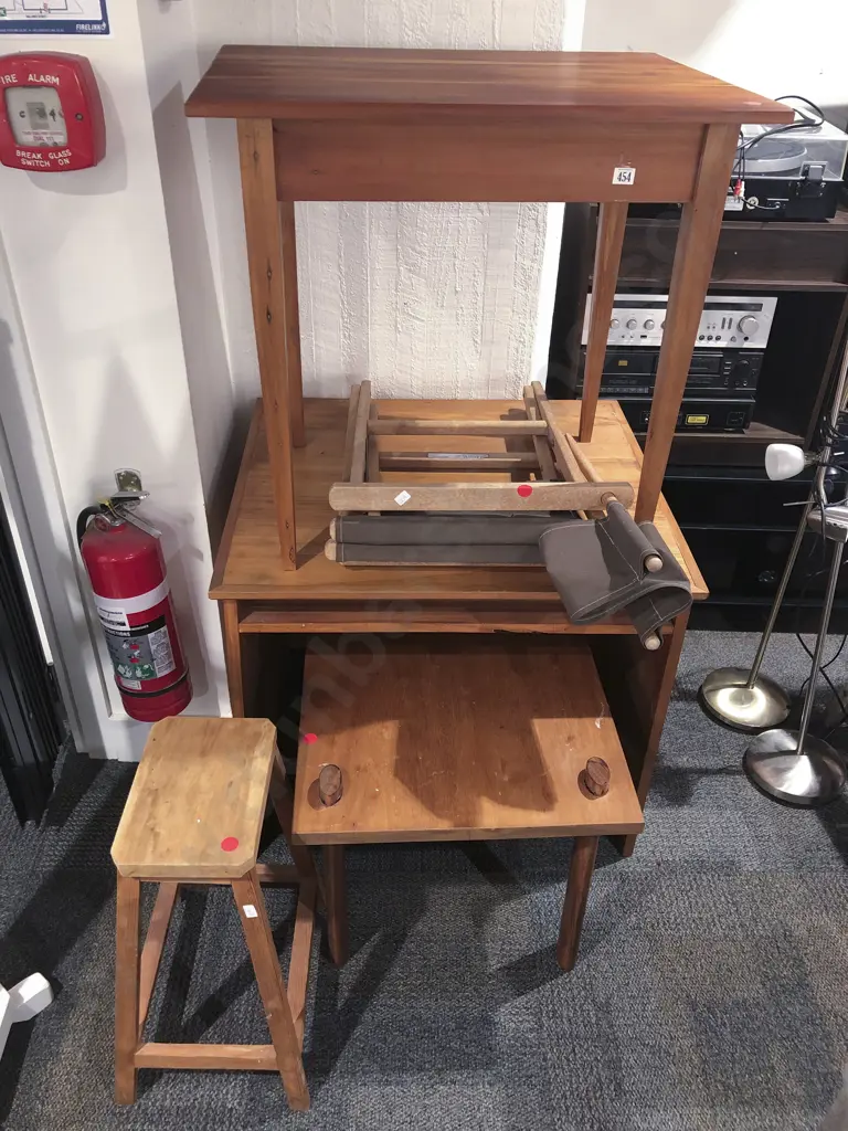Three Assorted Side Tables together with Pine Stool and Deck Chair Image 1++
