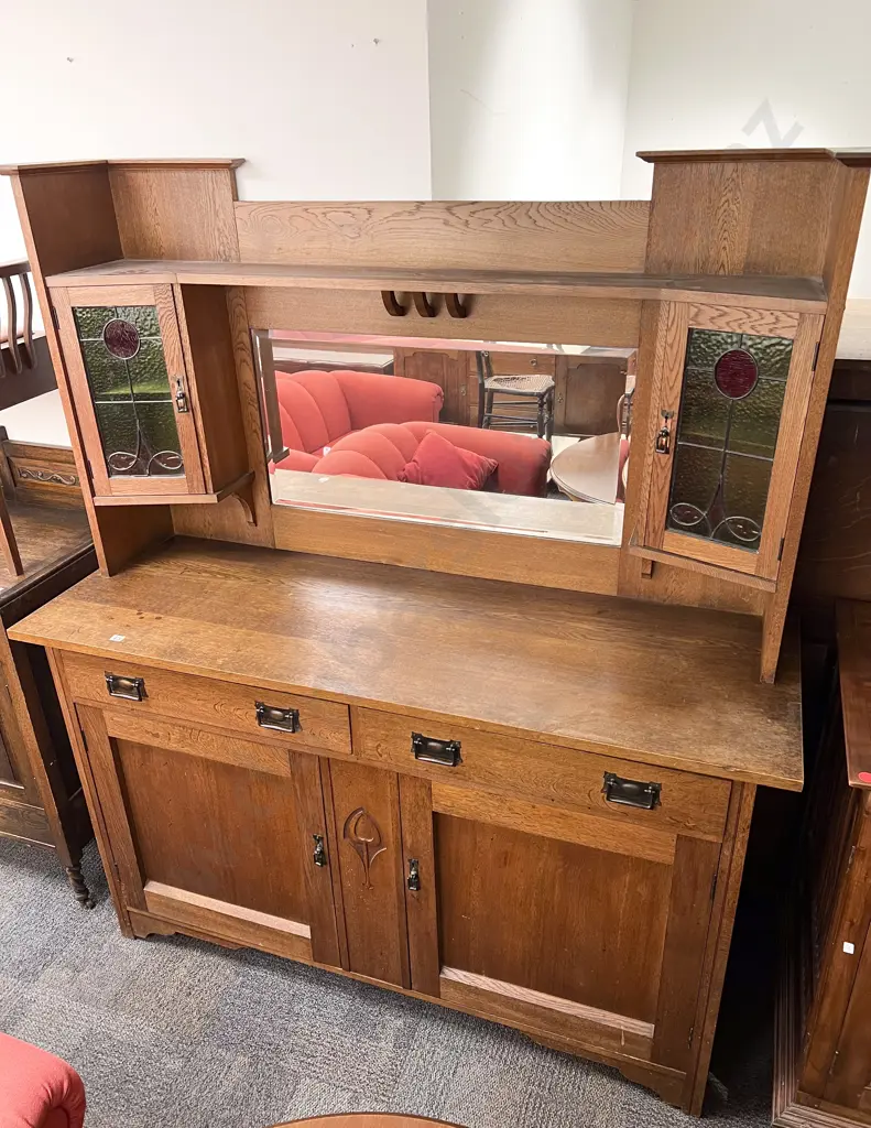Oak Arts and Crafts Sideboard with Mirrored Gallery Back Image 1++