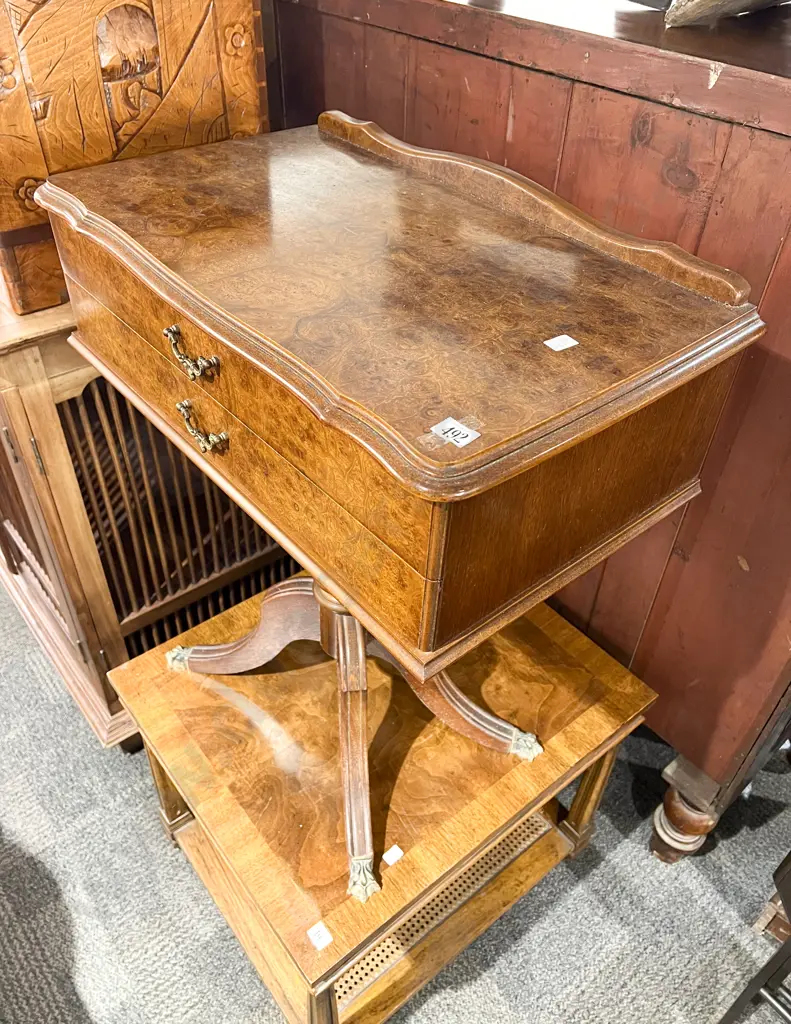 Reproduction Burr Walnut Two Drawer Cutlery Table Image 1++
