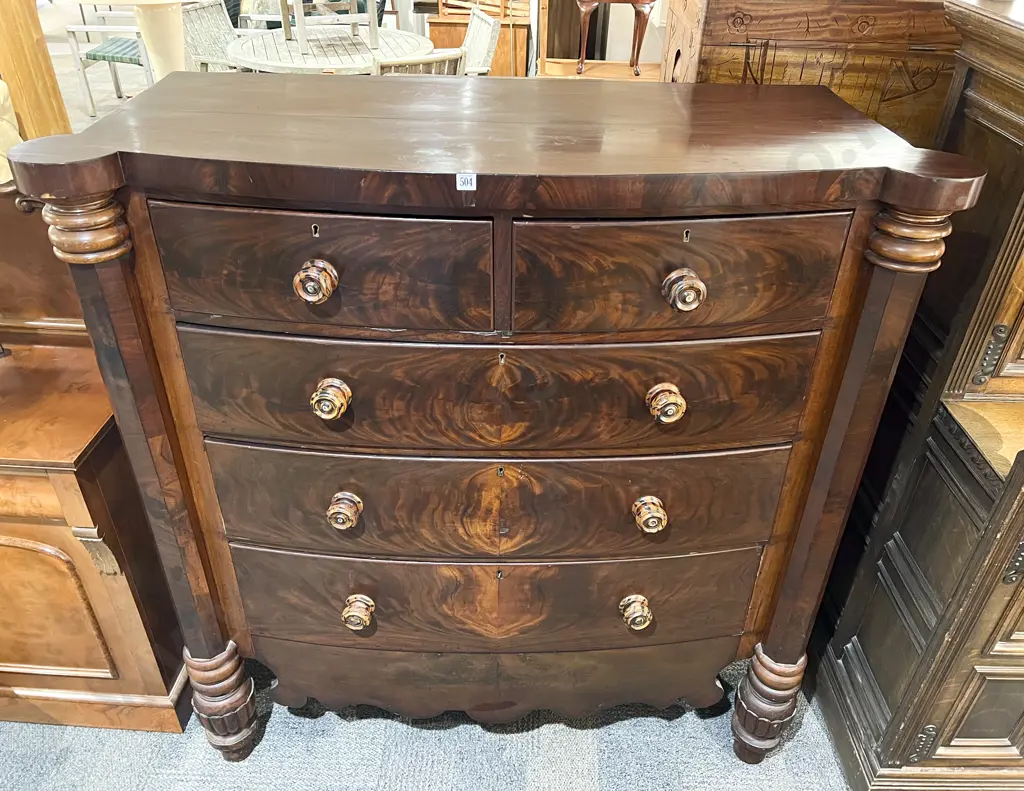 Wm IV Flame Mahogany Bow Front Chest of Drawers Image 1++