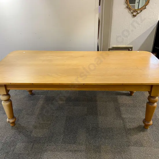 Colonial Kauri scrub Top Farmhouse Dining Table together with Eight Modern Dining Chairs