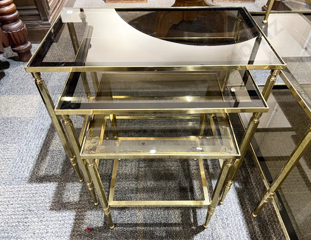 Graduated Set of Two Brass and Smoked Glass Coffee Tables with Matched Nest of Three Tables Image 1++