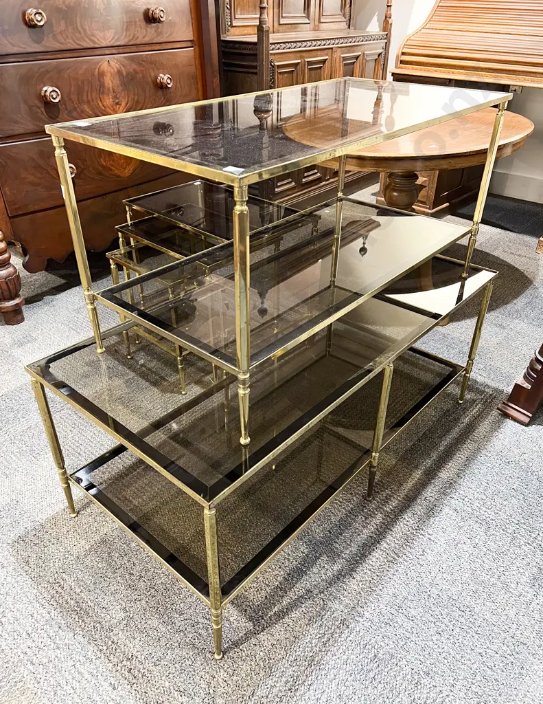 Graduated Set of Two Brass and Smoked Glass Coffee Tables with Matched Nest of Three Tables Image 1++