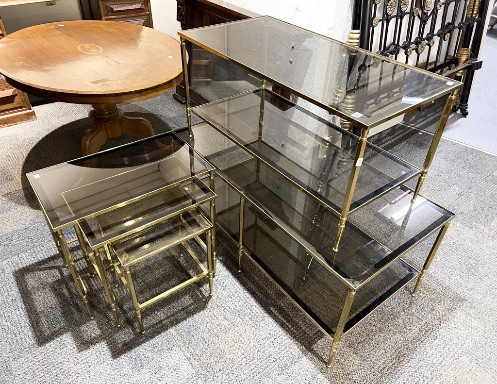Graduated Set of Two Brass and Smoked Glass Coffee Tables with Matched Nest of Three Tables Image 1++