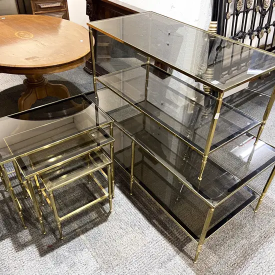 Graduated Set of Two Brass and Smoked Glass Coffee Tables with Matched Nest of Three Tables