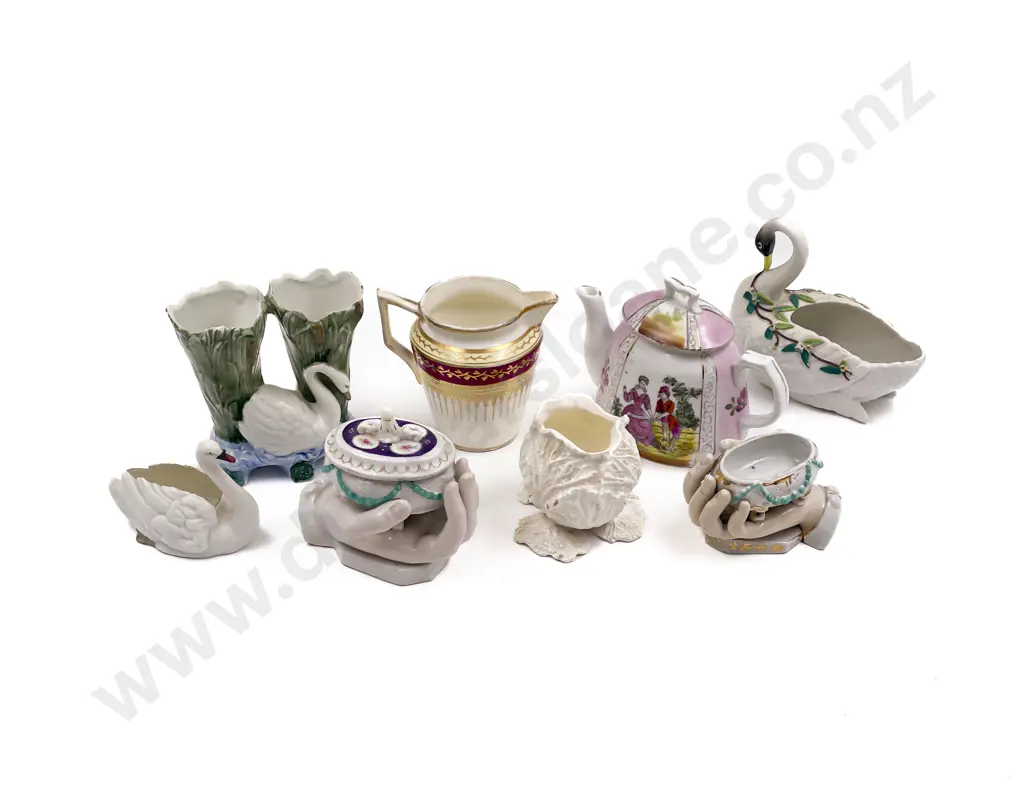 Victorian Three Swan Vases with Two Hand Pots and Assorted Image 1++