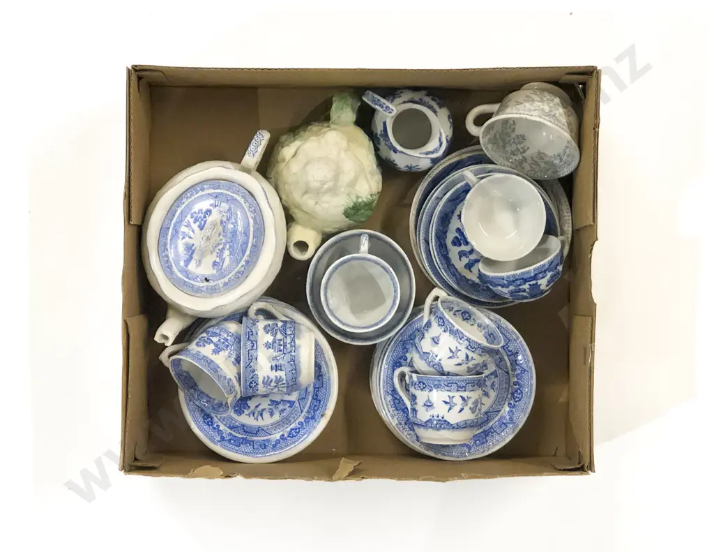 Nursery Blue and White Tea Cups and Saucers Cauliflower Molded Tea Pot and Assorted Image 1++