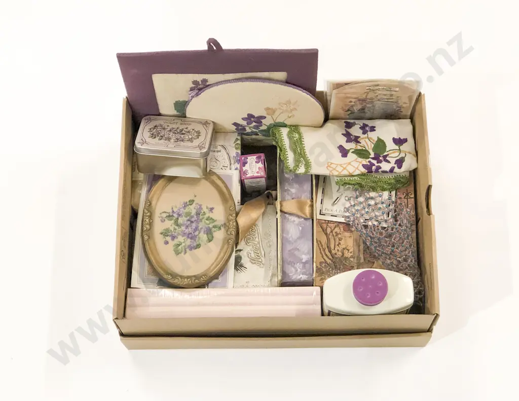 Various Violet Decorated Linen with Boxes and Soaps Etc Image 1++