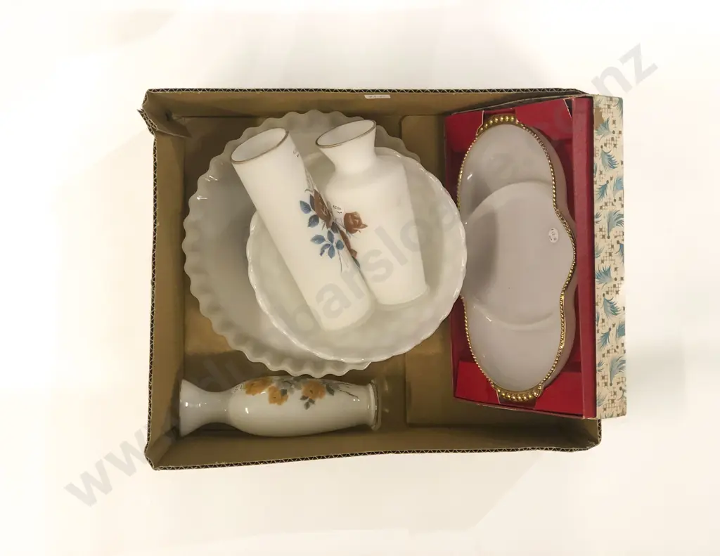 Qty of Assorted Milk Glass Vases Image 1++