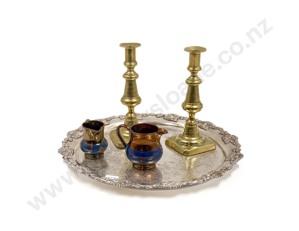 Pair of Brass Candlesticks together with Graduated Pair of Lustre Jugs on Circular S/P Tray Image 1++
