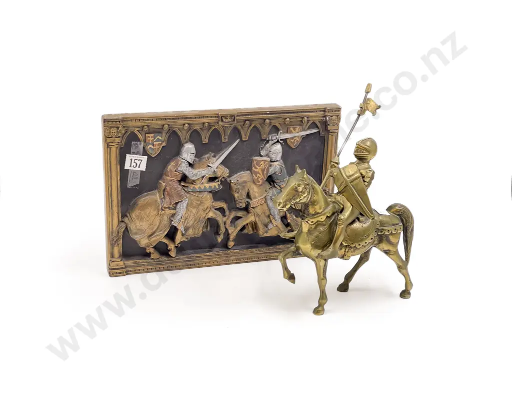 Relief Moulded Medieval Motif Plaque together with Heavy Brass Horse and Knight Image 1++