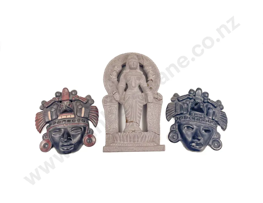 Thai Alter Figure and Two Aztec Style Masks Image 1++