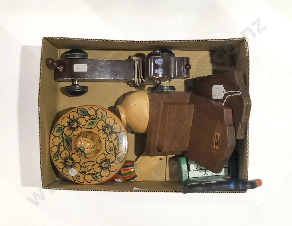 Qty of Assorted Decorative Wood Ware together with Inlaid Bookends Image 1++