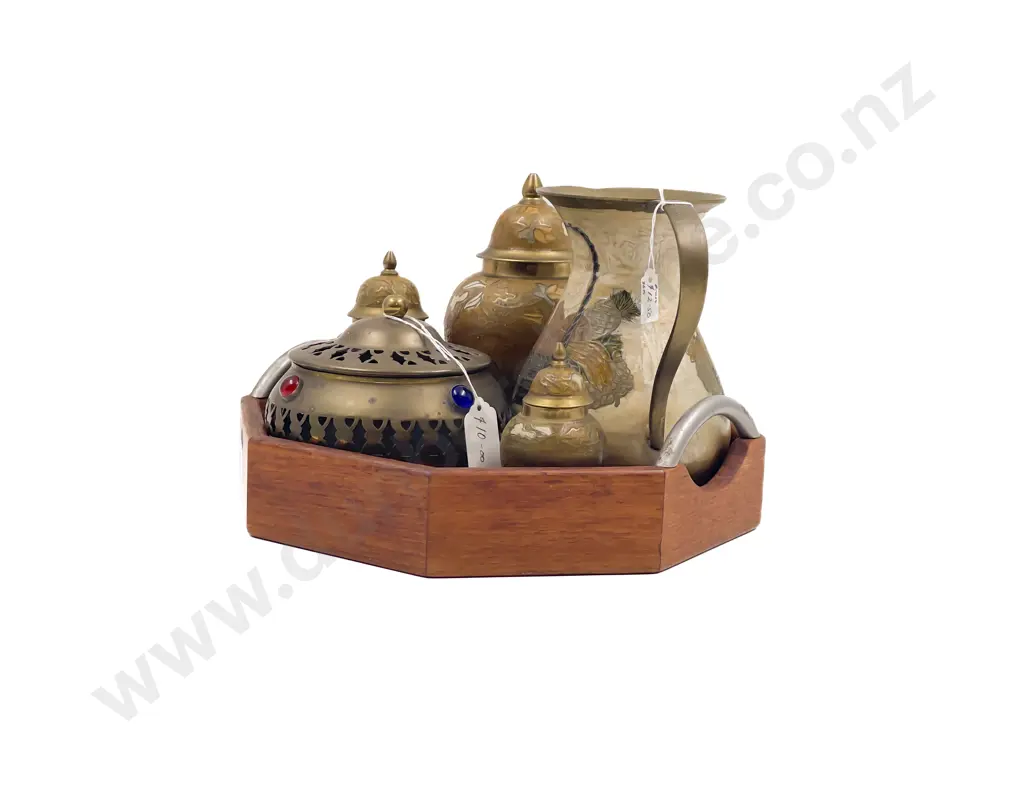 Qty of Assorted Metal Ware incl Graduated Set of Three Ginger Jars on Decorative Wooden Tray Image 1++
