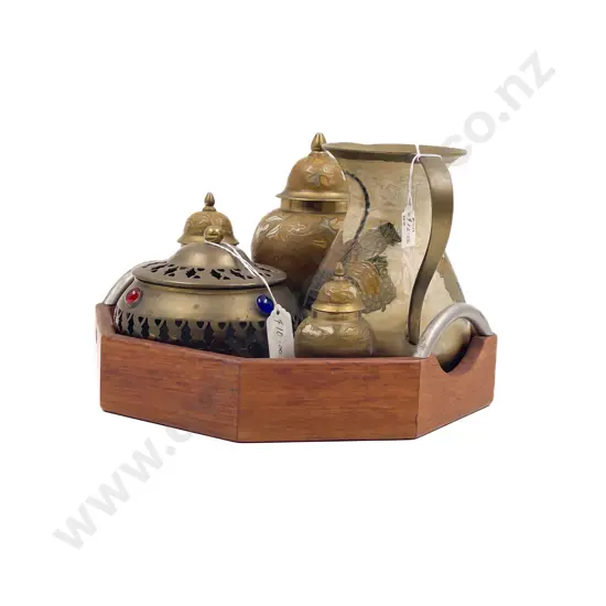 Qty of Assorted Metal Ware incl Graduated Set of Three Ginger Jars on Decorative Wooden Tray