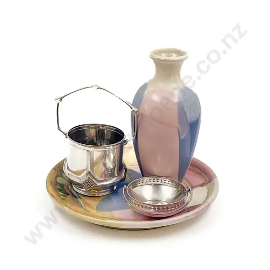Pottery Vase and Plate together with Two Plated Dishes