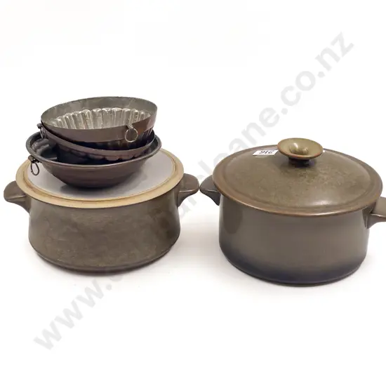 Two Temuka Casserole Dishes Together with Three Vintage Copper Food Moulds