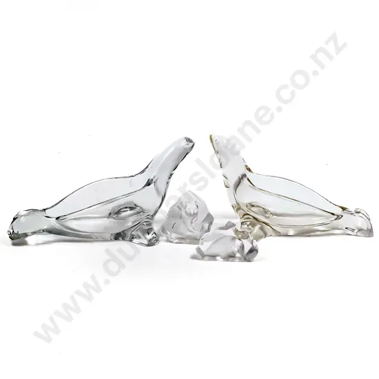 Pair of Glass Seal Form Dishes with Two Art Glass Paperweights