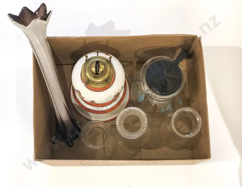 Art Glass Vase Together with Kerasene Lamp and Assorted Chimney's Etc. Image 1++