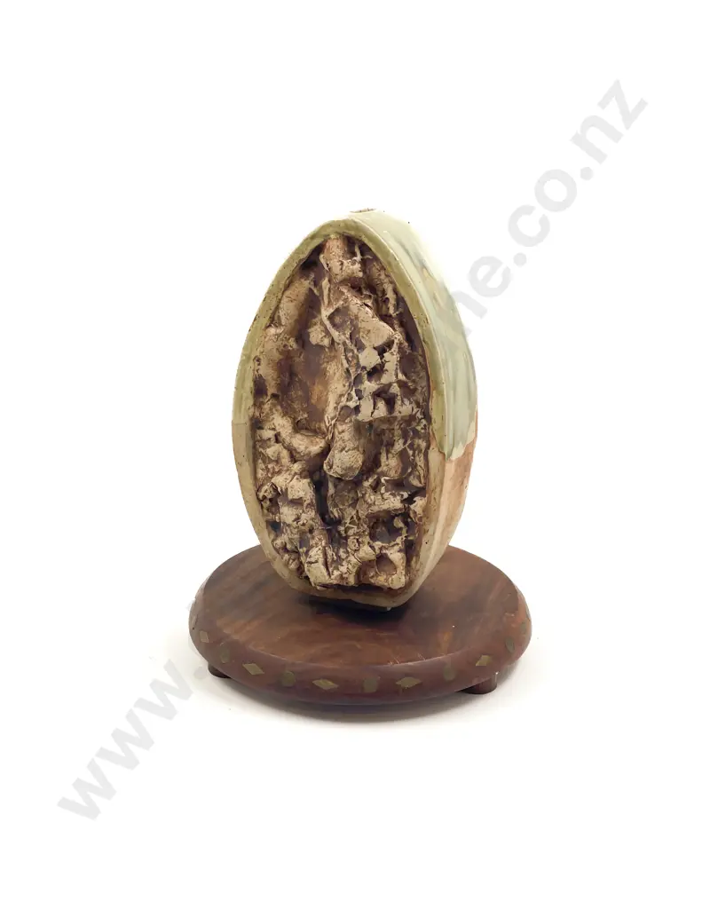 Semi-Glazed Oval Sculpture Form Pottery Vase together with Small Plantstand Image 1++