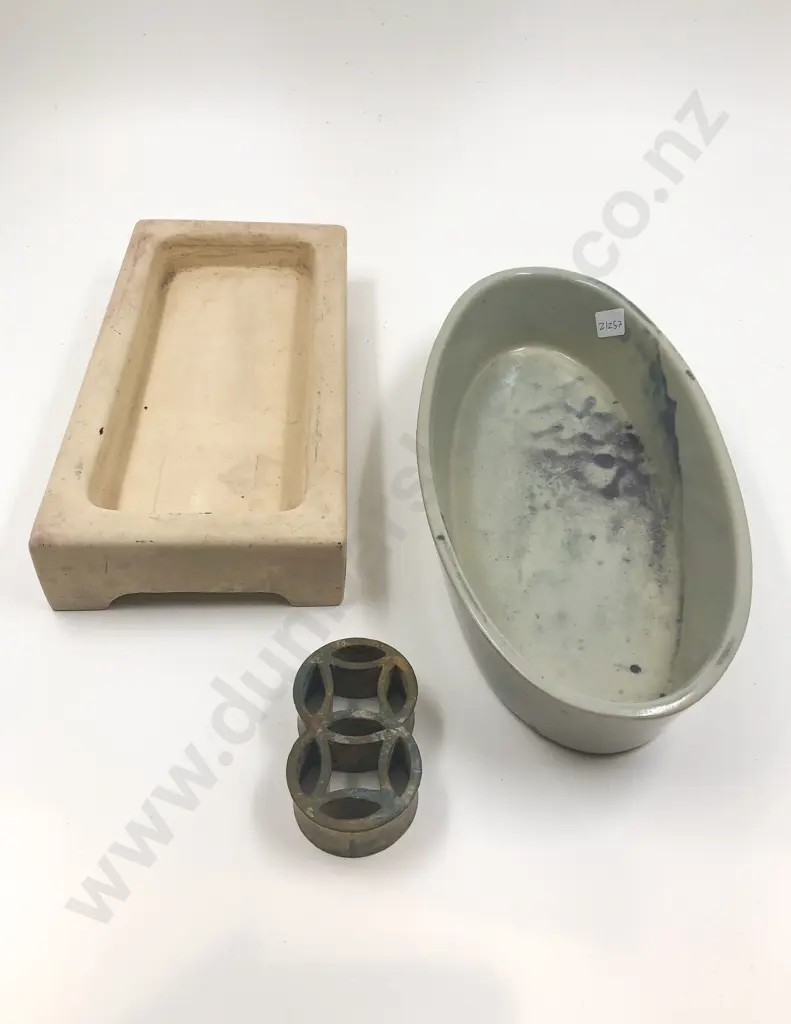 Two Pieces Of Japanese Pottery Together with Metal Flower Frog Image 1++