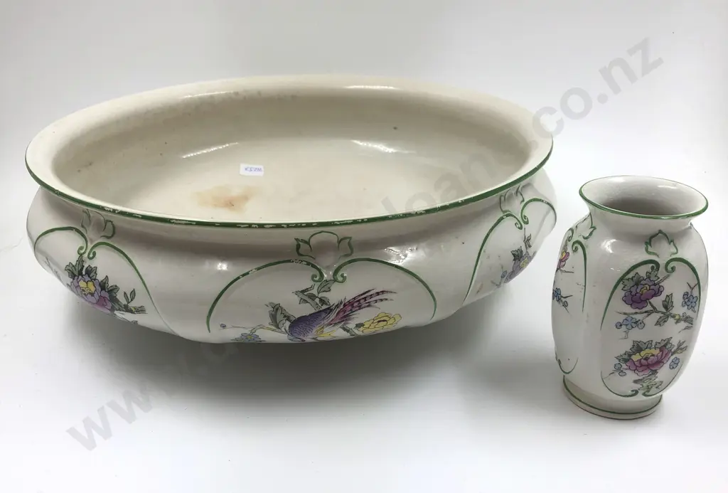 Large Albion Pottery 'Orient' Pattern Wash Basin with Small Associated Vase Image 1++