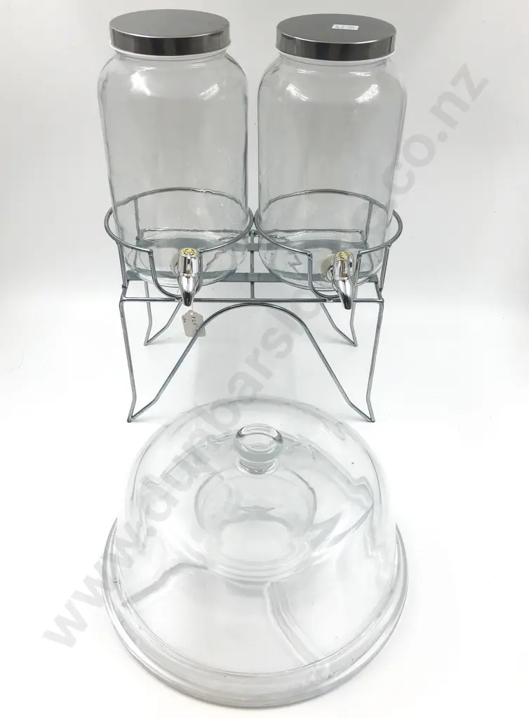 Pair of Modern Glass Kegs on stand with Glass Cake Dome and Large Centre Bowl etc Image 1++