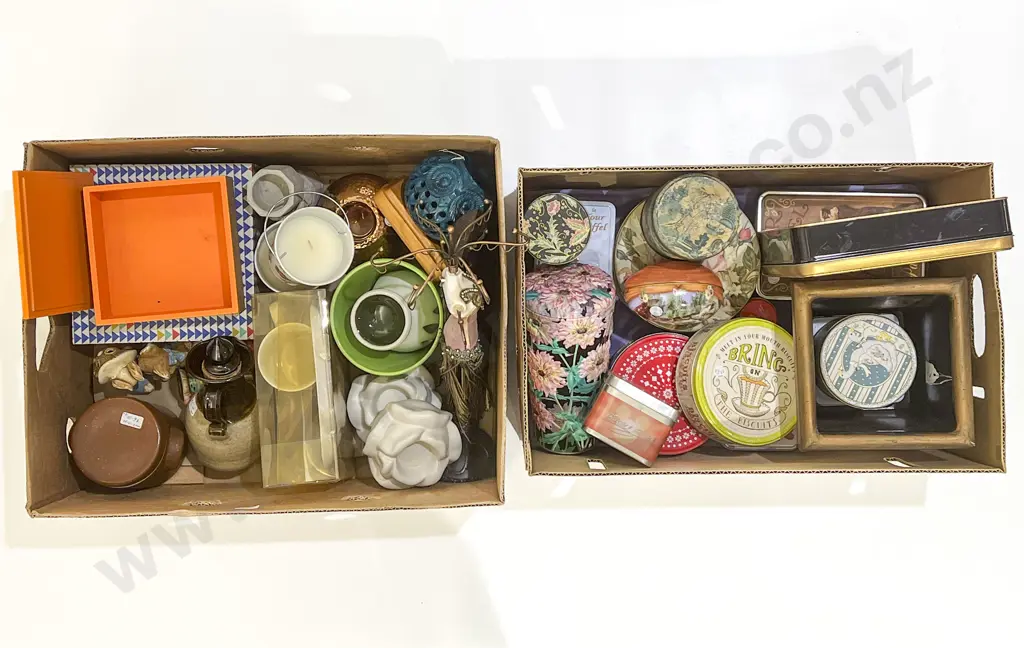 Two Boxes of Assorted Vintage Tins and Decorative Homewares Image 1++
