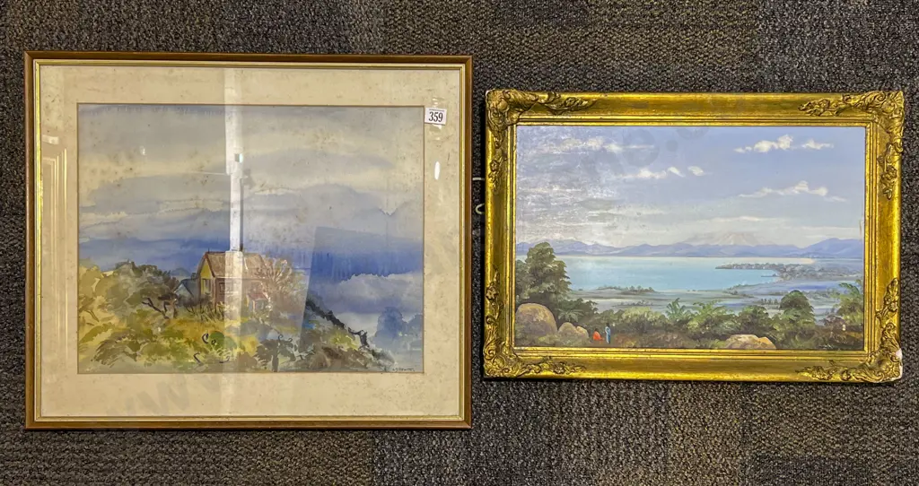 L J Hewitt - W/C Together with Rotorua Landscape Oil Image 1++